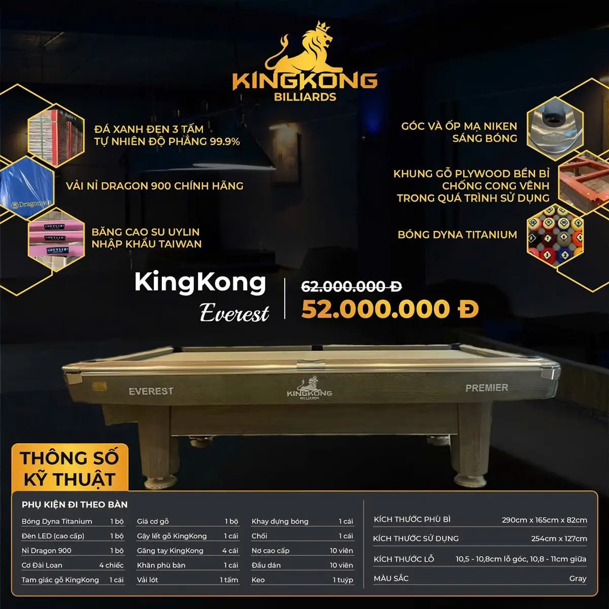 BÀN BIDA LỖ KINGKONG EVEREST 7 Phụ kiện tặng kèm của bàn bida lỗ Kingkong Everest