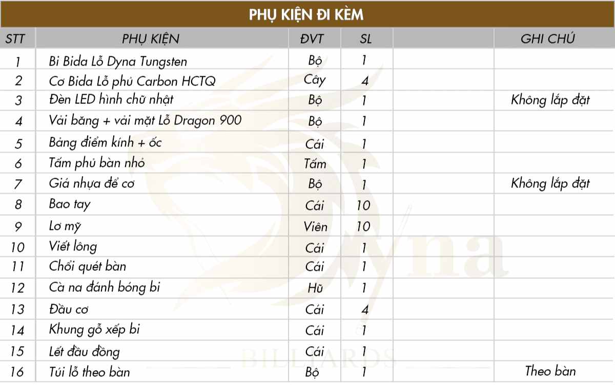 BÀN BIDA LỖ DYNA PHANTOM 12 BẢNG PHỤ KIỆN ĐI KÈM