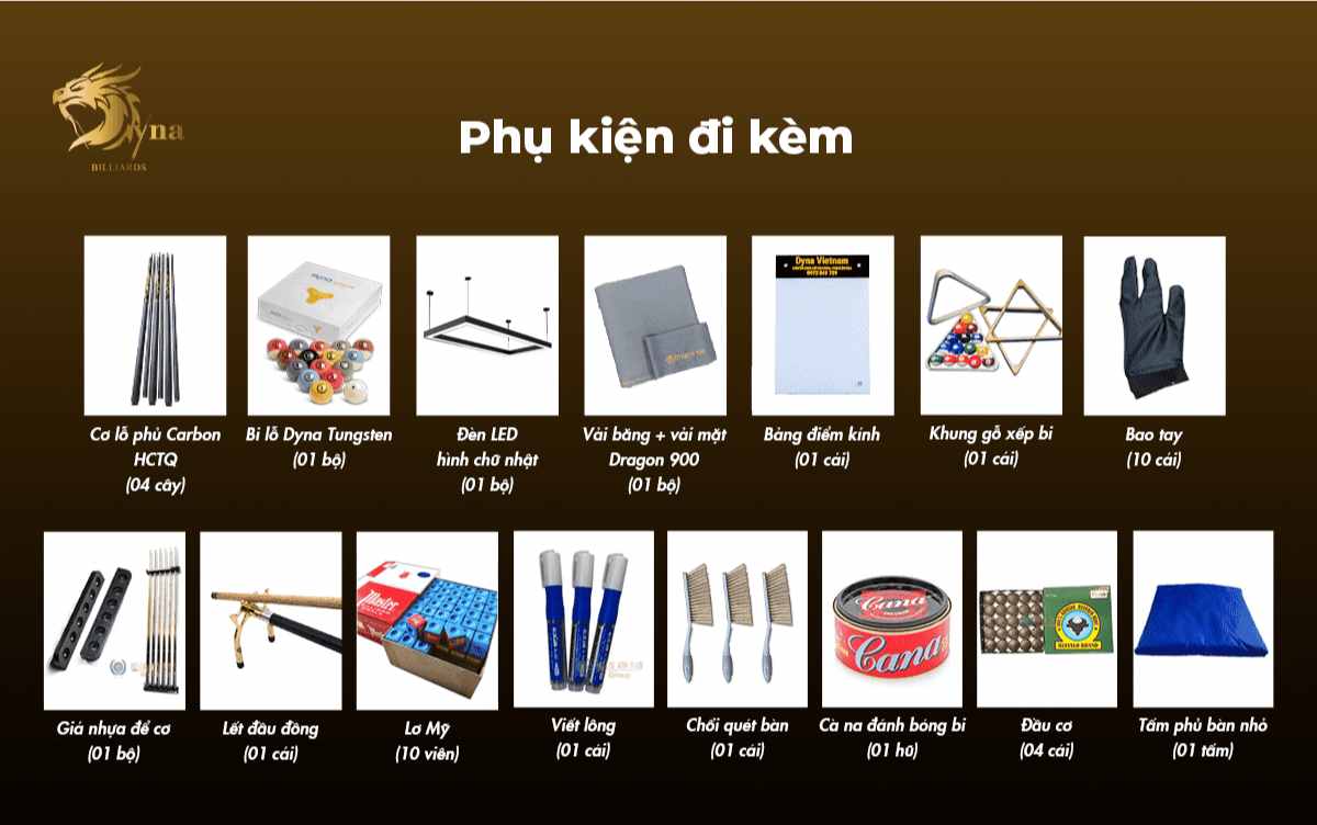 BÀN BIDA LỖ DYNA PHANTOM 11 PHỤ KIỆN ĐI KÈM CỦA BÀN BIDA LỖ DYNA PHANTOM